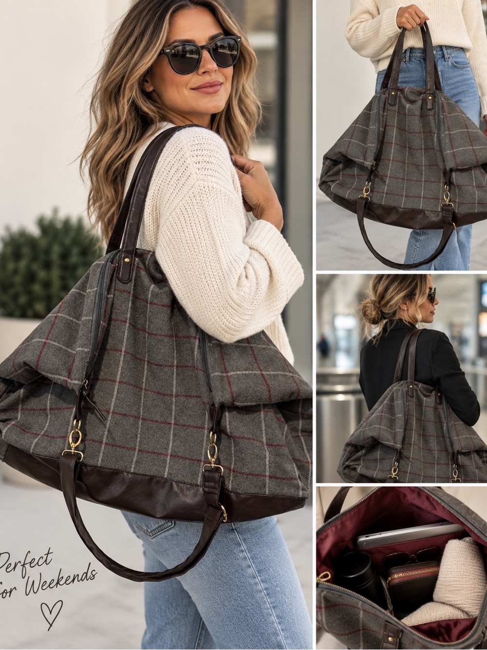 Ulta Beauty Gray Plaid Tote with Dark Brown Trim